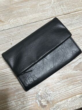 BEIS Travel Black Leather Large Fold Over Clutch with Pen Multiple Pockets